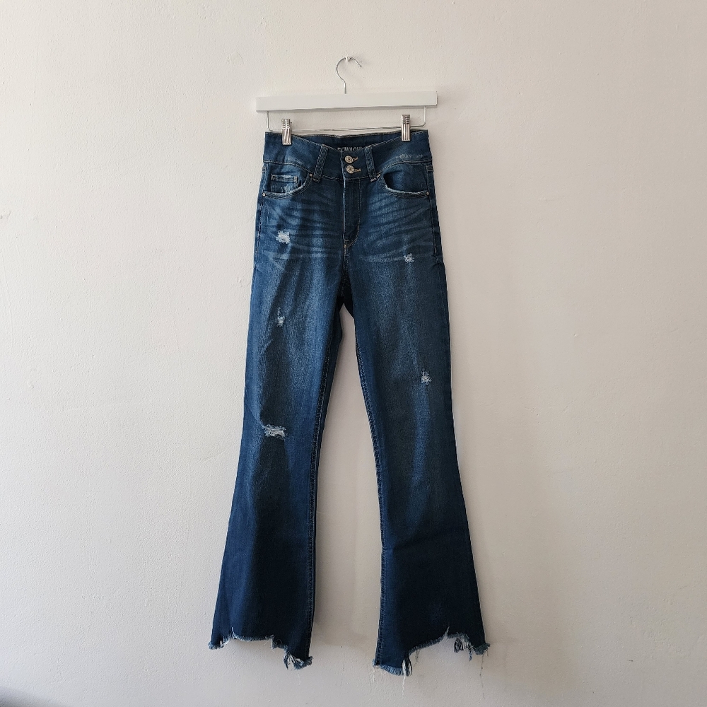 Rewash | Dark Blue High Riss Flare Jeans with Distressed Uneven Hem